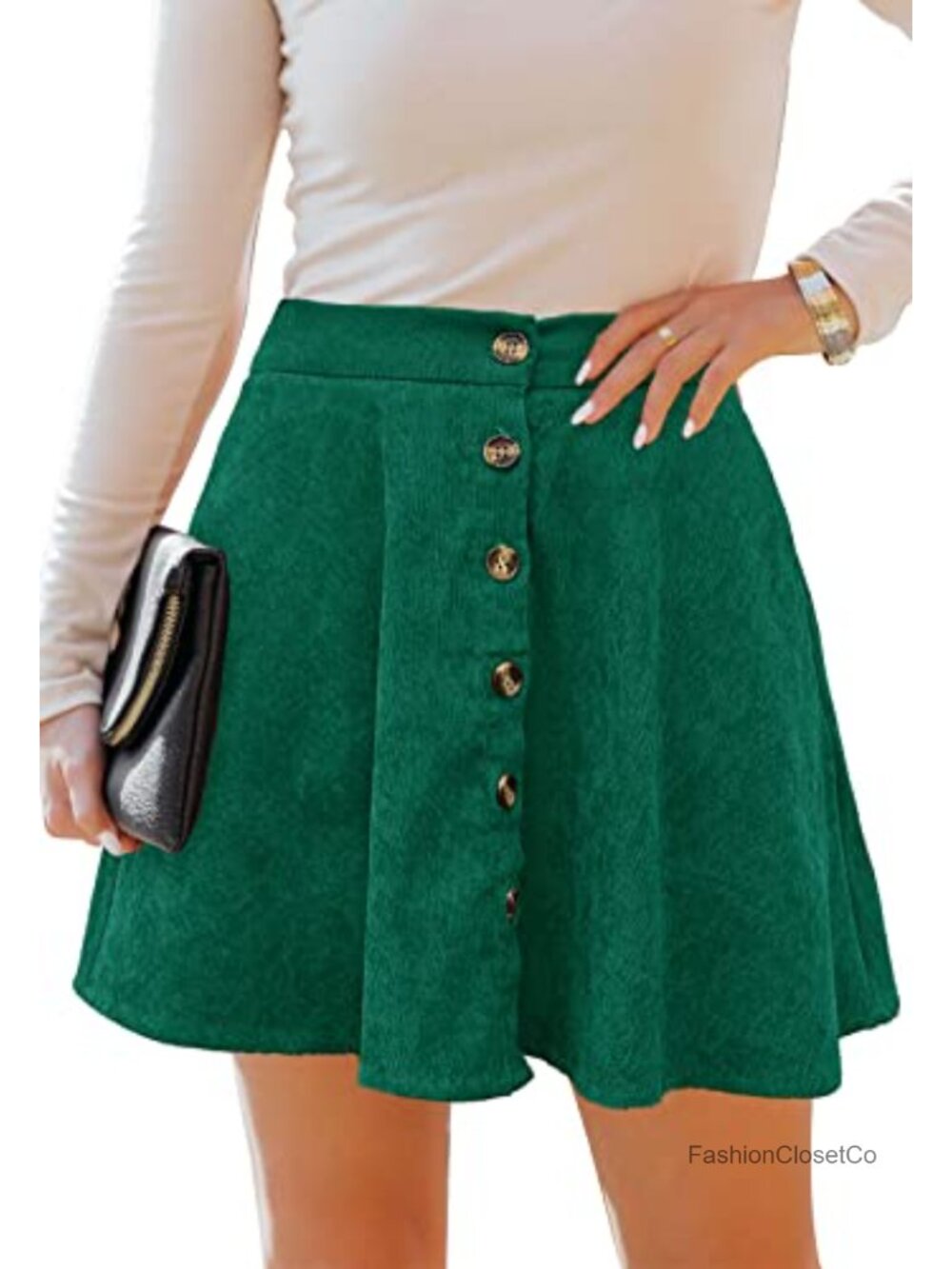 Women's Corduroy Mini Skirt A-Line Pleated Skater Skirt with Pockets Button